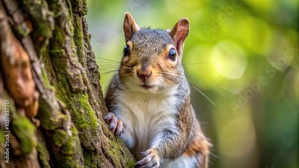 Fototapeta Close-up of an Eastern Gray Squirrel at the bottom of a tree