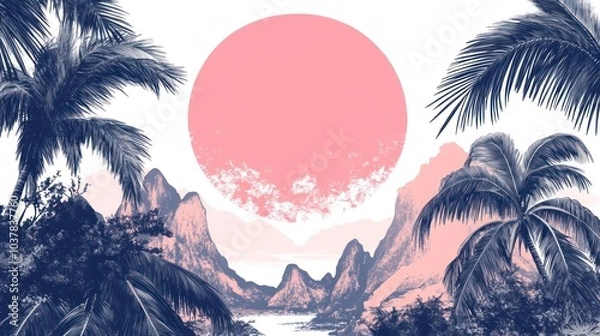 Fototapeta A stylized landscape with palm trees framing a large pink sun over a mountain range.