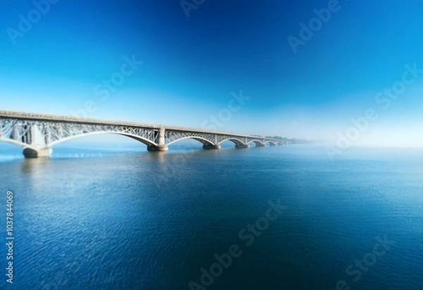 Obraz A steel bridge with multiple arches crosses a calm body of water on a clear day.