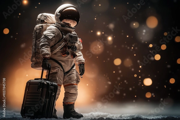 Fototapeta Astronaut in a spacesuit with a suitcase on a light background...
