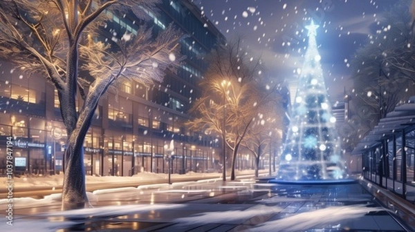 Obraz クリスマスの魔法に包まれた夜の街と輝くクリスマスツリー