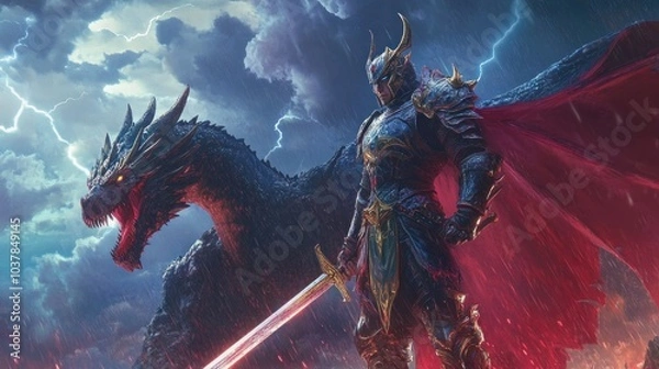 Obraz A brave knight in shining armor stands defiantly against a fearsome dragon in a dramatic scene of epic fantasy.