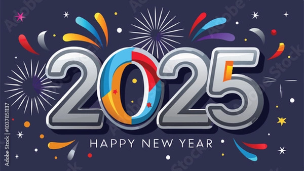 Fototapeta Happy New Year 2025 Shimmering Silver Text with Fireworks and Colorful Party Decorations Background Vector