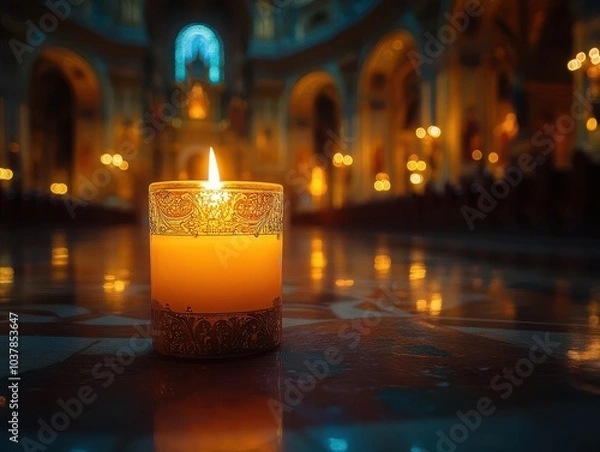 Fototapeta a flickering candle casts gentle shadows within a grand cathedral, evoking a contemplative mood on all saints day. the soft light reflects off ornate architecture, creating a sacred atmosphere