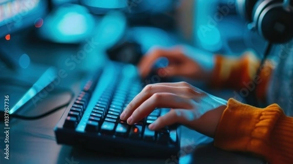 Fototapeta Close-up of hands typing on a keyboard with colorful lighting, showcasing intense focus and technology in a modern workspace environment.