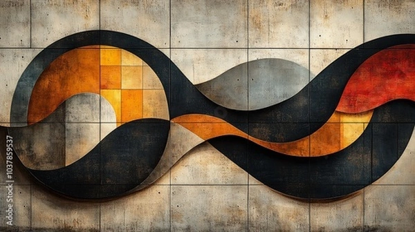 Fototapeta Abstract wall art featuring flowing shapes and warm colors against a textured background.