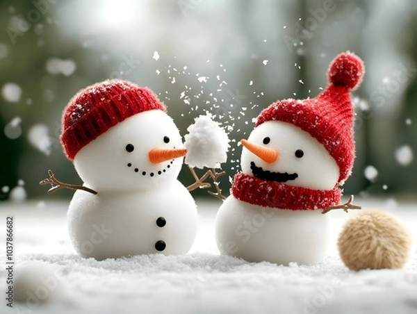 Obraz Whimsical snow creatures with charming round bodied forms and expressive facial features engaged in a lighthearted snowball battle crafting snow sculptures bundled up in cozy outerwear