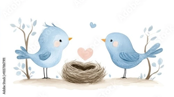 Fototapeta Cute Watercolor Birds with Nest and Heart