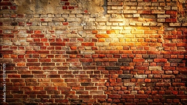Obraz A weathered brick wall bathed in the golden glow of the setting sun, showcasing the intricate texture and history etched into each brick.