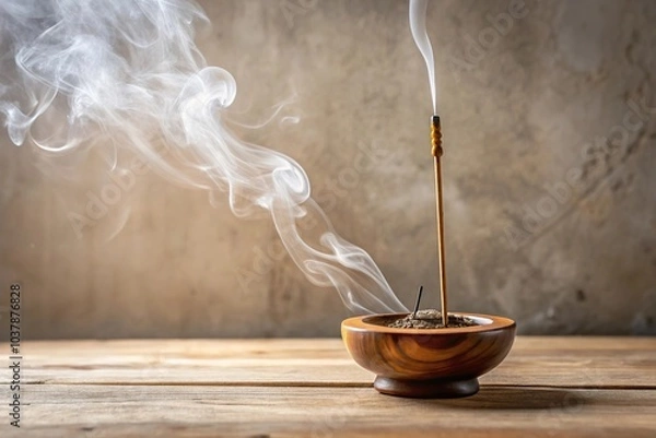 Obraz Asymmetrical copal incense stick burning in wood incense burner with natural light against white wall in Tulum