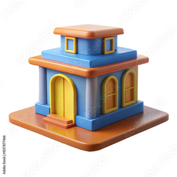 Fototapeta Vibrant 3D isometric illustration of a small building with a playful color scheme, suitable for cartoon-style designs.
