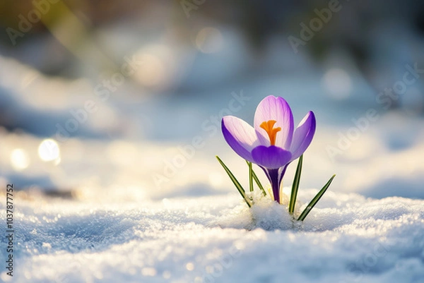 Fototapeta Purple Crocus flower blossom growing in melting snow early spring sunny day