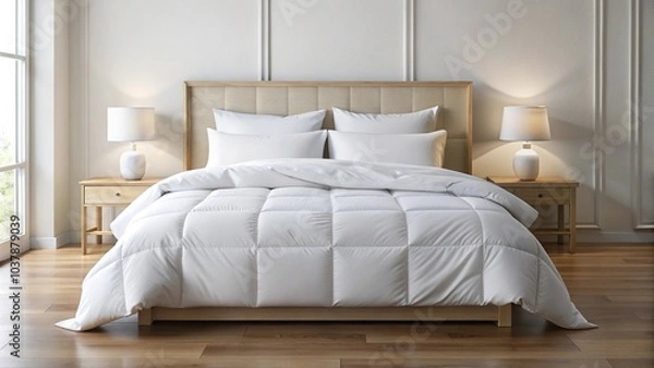 Obraz Bed with white comforter and pillow