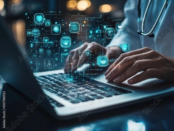 Fototapeta doctor utilizing advanced medical technology on a laptop, with health icons appearing on a virtual interface, emphasizing the modern intersection of medicine and digital healthcare