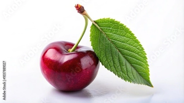 Fototapeta Close-up of cherries with leaves on a white background