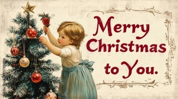 Obraz クリスマスツリーを飾る子供のビンテージクリスマスポストカード