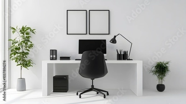 Fototapeta 24. Simple office desk with a black chair and clean, organized accessories