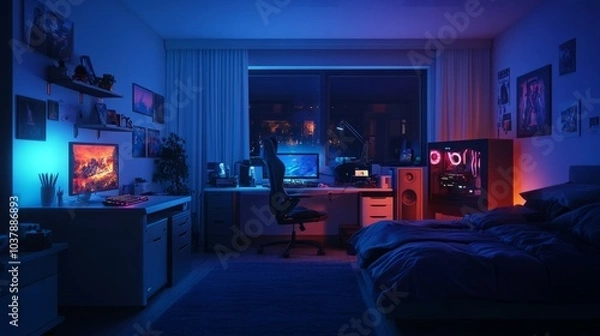 Fototapeta Digital 3D night interior of a gamers room, with RGB highlights around the desk and subtle lighting around the be