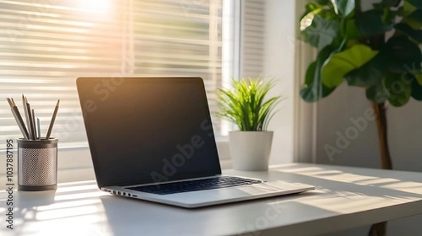 Fototapeta 91. Clean office desk with a laptop and small plant for a minimalist feel