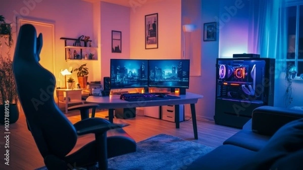 Fototapeta Moody night interior of a gamers bedroom rendered in 3D, with glowing LED strips and a neatly organized gaming station