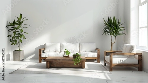 Fototapeta A living room with a white couch, a coffee table, and a potted plant. The room is bright and airy, with a large window letting in plenty of natural light. The furniture is simple and minimalistic