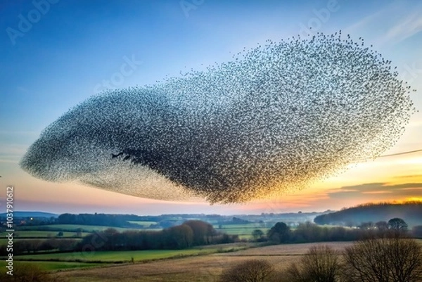 Obraz murmuration of starlings flying in the sky