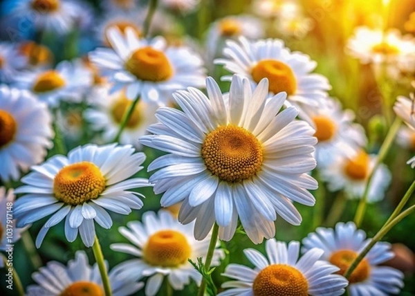 Fototapeta In a serene garden, charming chamomile flowers bloom elegantly, captured in breathtaking macro photography that reveals