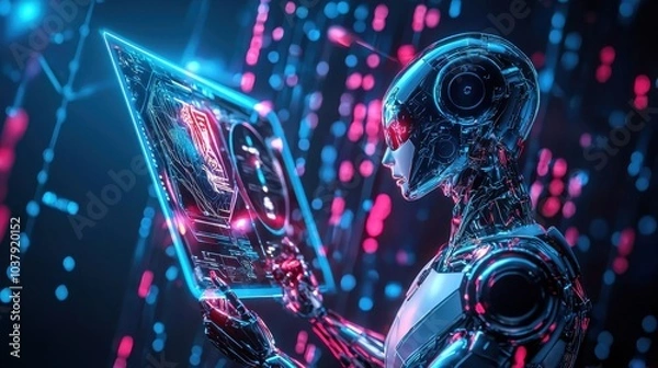 Fototapeta Humanoid Robot Interacting with Holographic Interface