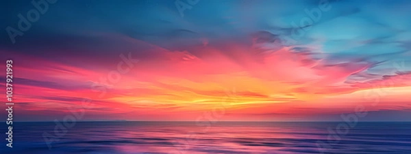 Fototapeta Vibrant sunset over the ocean, showcasing stunning hues of pink, orange, and blue across the sky and reflecting in the calm waters.