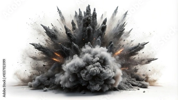 Fototapeta Symmetrical exploding black rock with dust isolated on white background