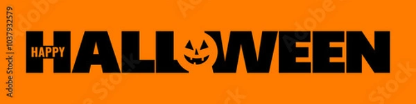 Obraz happy halloween, black text over orange background, wide vector banner, pumpkin lantern