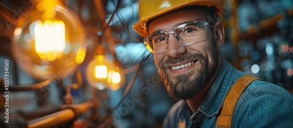 Fototapeta A smiling worker with a beard, wearing a yellow hard hat and safety glasses, looks directly at the camera.