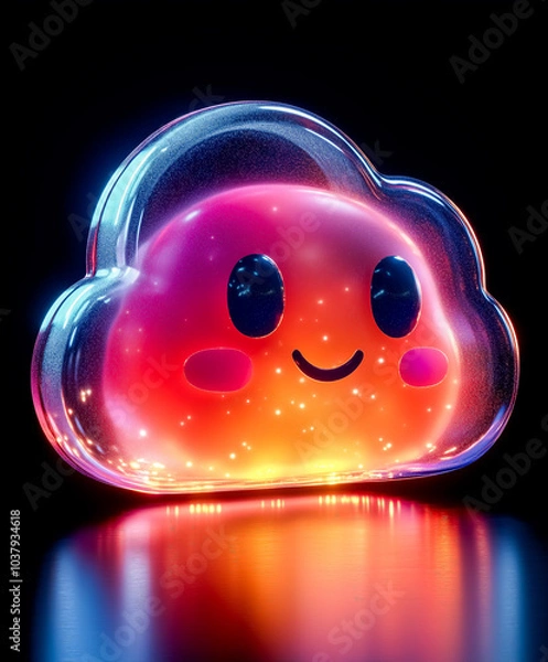 Obraz Cute glowing cloud with a smiling face in neon lights. Cartoonish cloud in bright neon colors, set against a dark background for a playful and futuristic vibe.