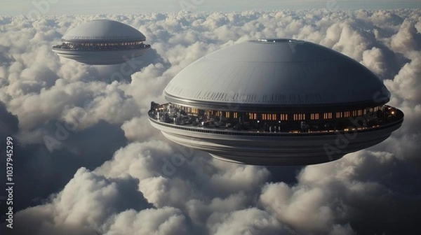 Fototapeta Futuristic city in the clouds on a gas planet, humans and aliens working together