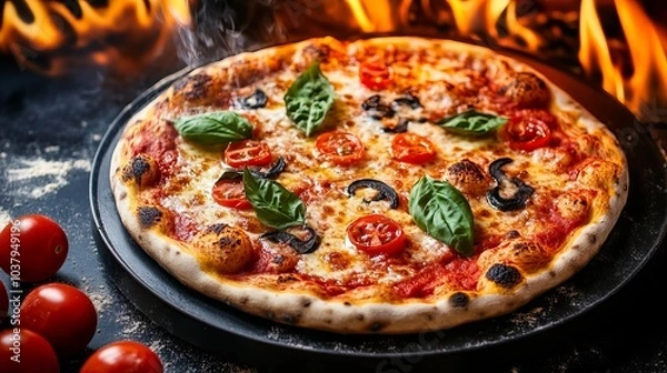 Obraz An oven with a wood fire is used to prepare Italian pizza.
