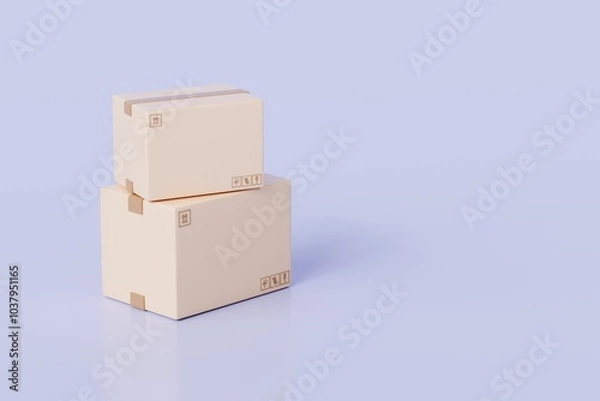 Fototapeta 3D Cardboard box package transport order icon .3D Minimal stack parcel box icon on isolated purple background. Logistics shipment and Online delivery service Concept. 3d render.