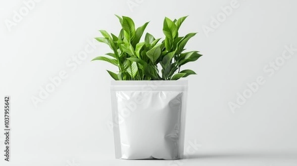 Fototapeta Plant Food Pack with Green Leaves Growing from a Minimalistic White Package. Generative AI