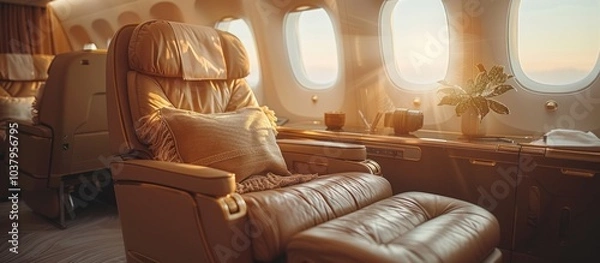 Fototapeta Luxurious first-class airplane seat with a view of the sunset.