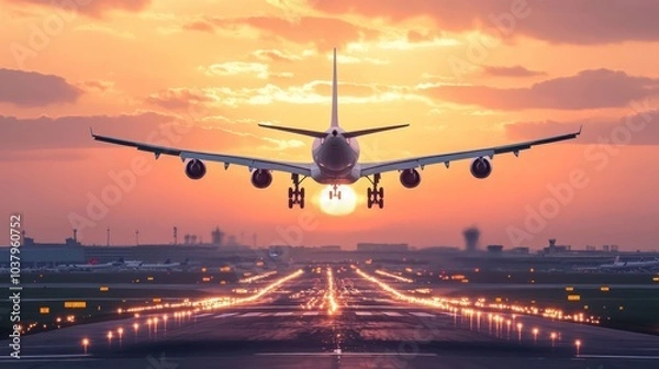 Fototapeta Airplane landing at sunset on a runway, showcasing travel and aviation.