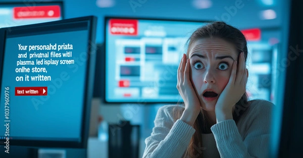 Fototapeta woman in office is shocked by the message "Your personal data and private files will be plasma led display screen with cyber attack online store, on it text written "Make limestone". The company has m