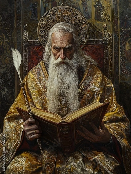 Fototapeta Saint Cyril is illustrated in elaborate robes, clutching a book and quill that represent wisdom and spirituality against a richly detailed historical setting.