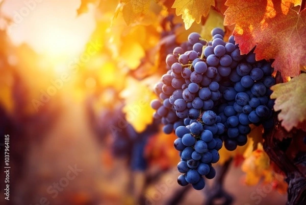 Fototapeta Close-up view of fresh, ripe purple grapes hanging on the vine, highlighted by the golden hues of the setting sun. The warm light accentuates the curves and contours of the grapes