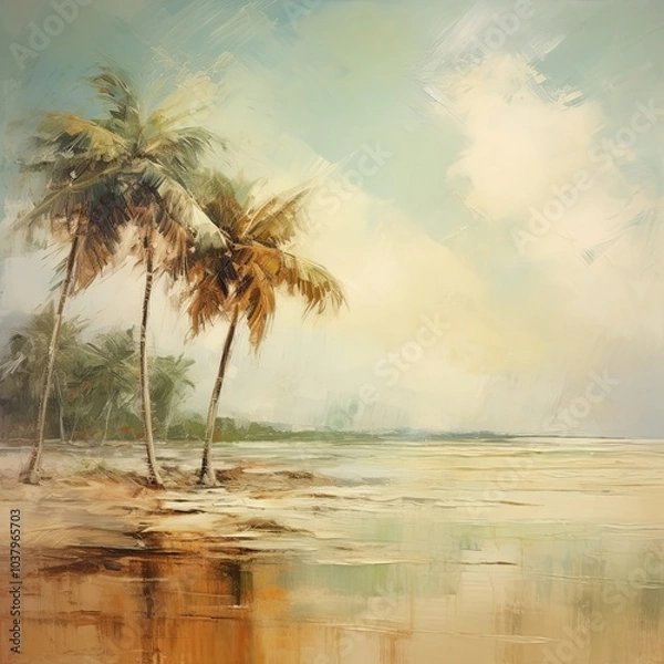 Fototapeta The sun sets over a tranquil tropical beach, painting the sky in vibrant hues of orange and pink. Palm trees sway gently in the warm breeze as gentle waves lap at the sandy shore.