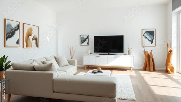 Fototapeta Bright Scandinavian Living Room with Bokeh Effect and Minimalist Design for Stunning Interior Photography