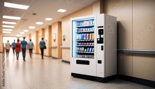 Fototapeta A sharp image of a hospital vending machine, fully stocked, with a blurry crowd of visitors and patients walking down the emergency room corridor, Generative AI