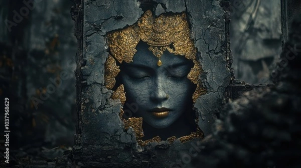 Obraz Golden Face Emerging From Cracked Stone