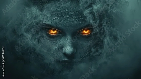 Obraz Creepy Glowing Eyes in Smoke and Darkness