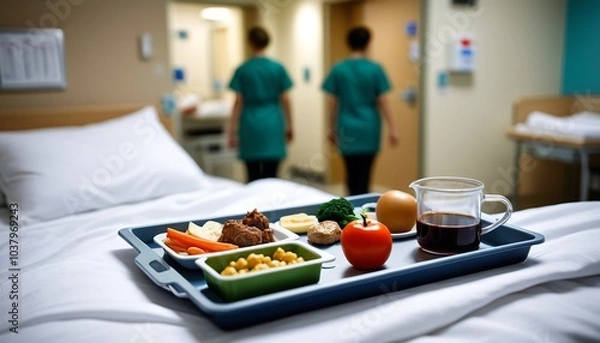 Fototapeta A sharp view of a hospital food tray on a bed, with a blurred figure of a patient resting and medical staff walking in the background, Generative AI