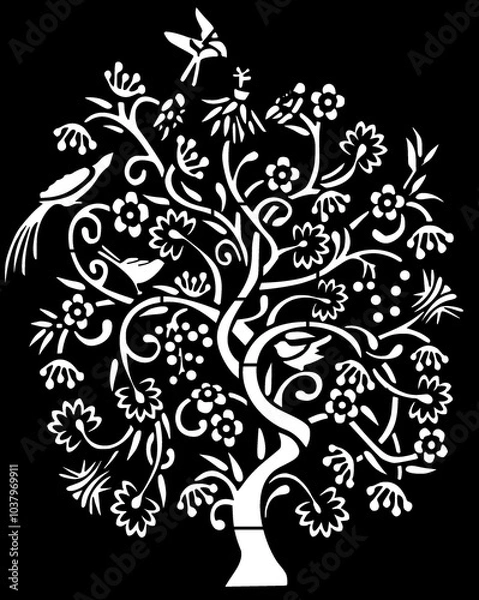 Obraz Whimsical Harmony: Floral Tree with Birds and Butterflies Design