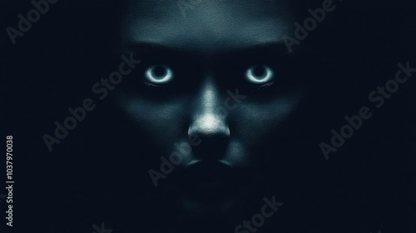 Obraz Mysterious Woman s Face with Glowing Eyes in the Dark